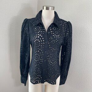 Joie Womens Medium Black Eyelet Button Up Shirt Long Puff Sleeve Blouse‎ Top
